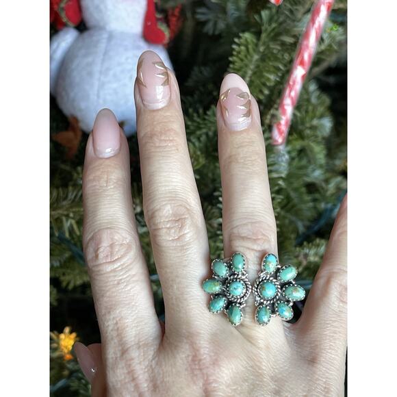 Turquoise Cluster Statement Ring Sterling Silver Southwestern Adjustable 5.5-8 - Picture 3 of 12